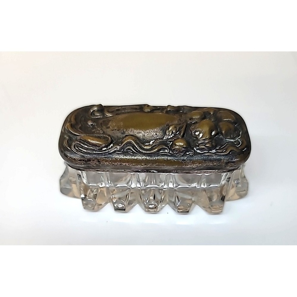 Vtg Clear Crystal‎ Hat Pin/Hair Pin Vanity Box Metal Lid w/Hibiscus Flower
